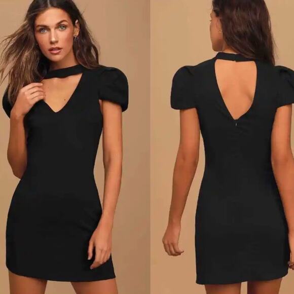 Lulus Little Black Dress Bundle Of Fun Cutout V-Neck Puff Sleeve Mini Medium NWT - Picture 1 of 7
